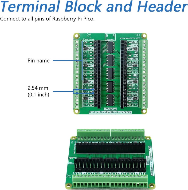 FREENOVE Breakout Board for Raspberry Pi Pico 1 2 W H WH, Terminal Block Shield HAT with Pin Header, GPIO Status LED - Image 5